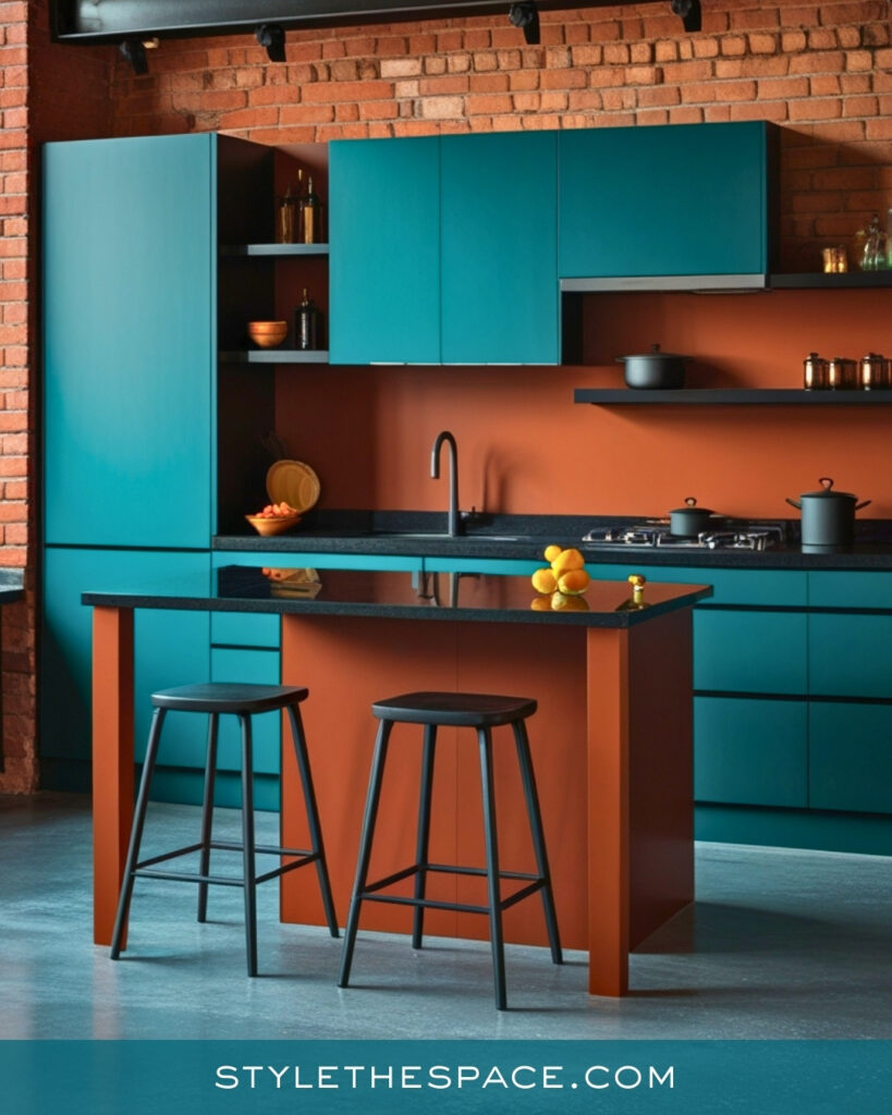 Modern Teal Kitchen with Warm Terracotta Accents
