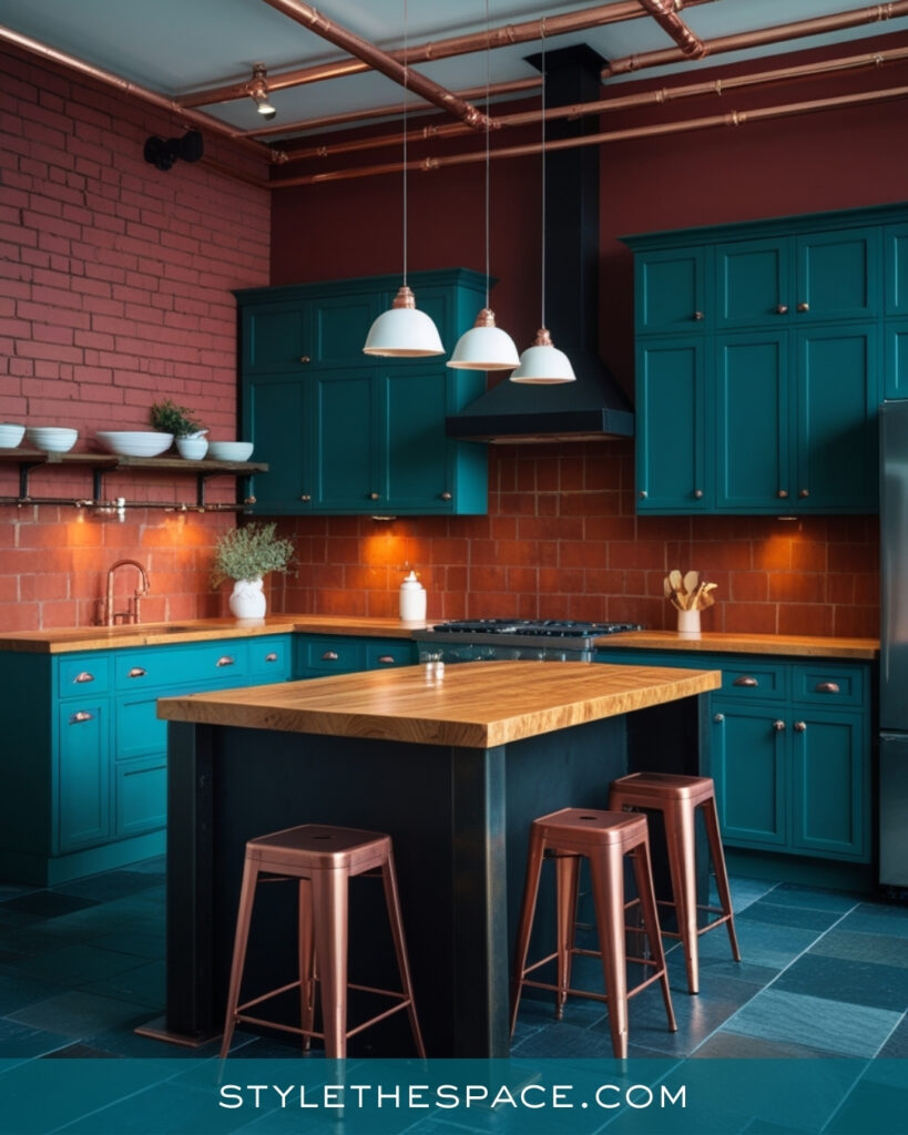Industrial Teal Kitchen with Copper and Brick Accents
