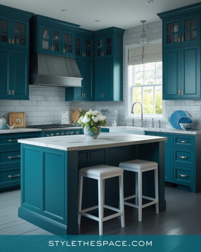 Teal Kitchen with White Tile and Timeless Elegance