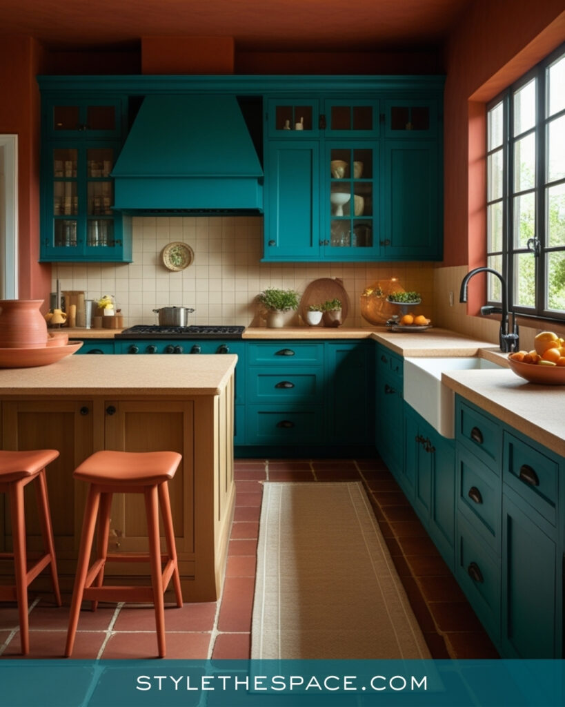 Teal Kitchen with Terracotta Walls and Warm Wood