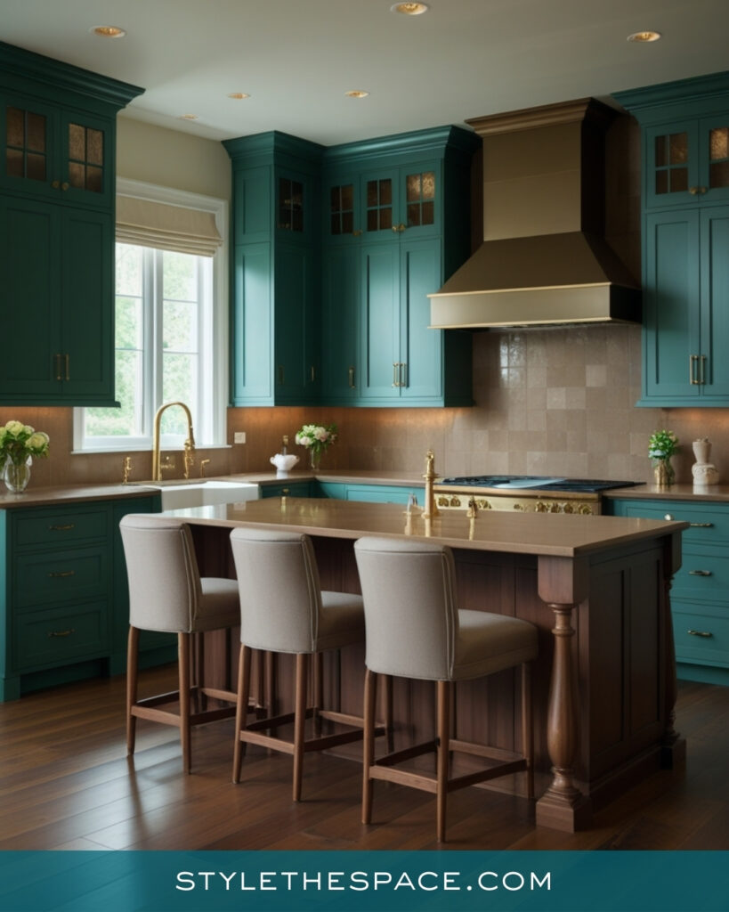 Elegant Teal Kitchen with Warm Wood and Brass Accents