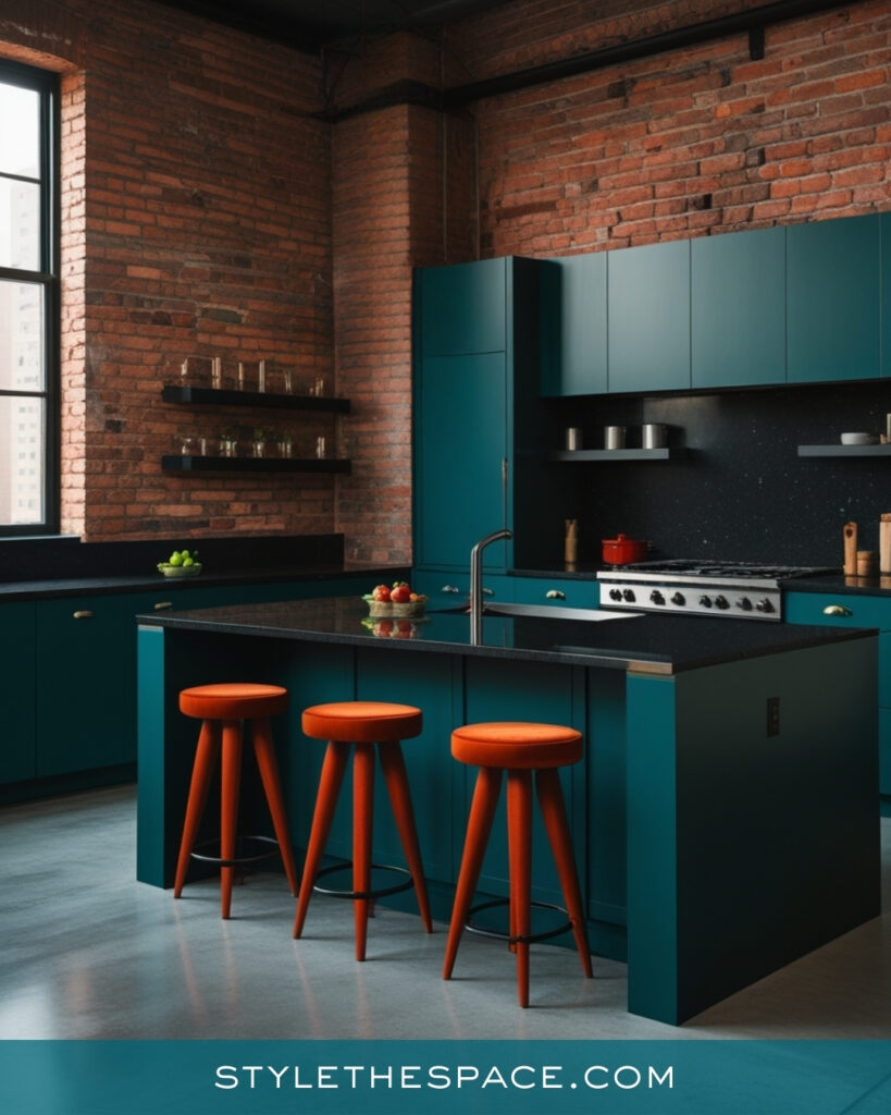 Modern Teal Kitchen with Brick and Warm Accent Seating