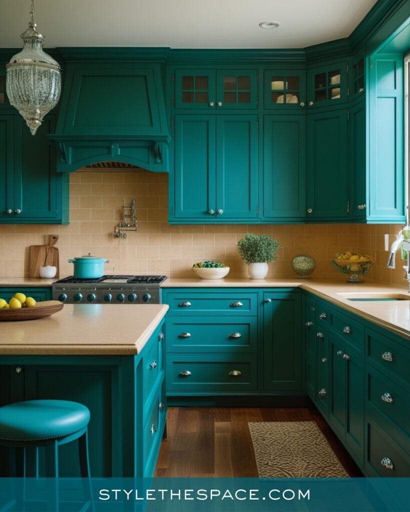 Teal Kitchen with Warm Accents and Classic Details