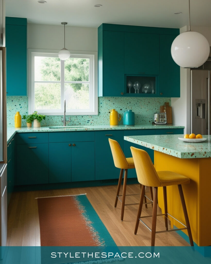 Teal Kitchen with Terrazzo and Sunny Yellow Accents
