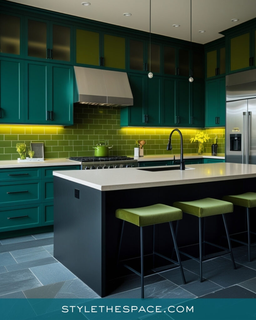 Teal Kitchen with Green Tile and Modern Contrast