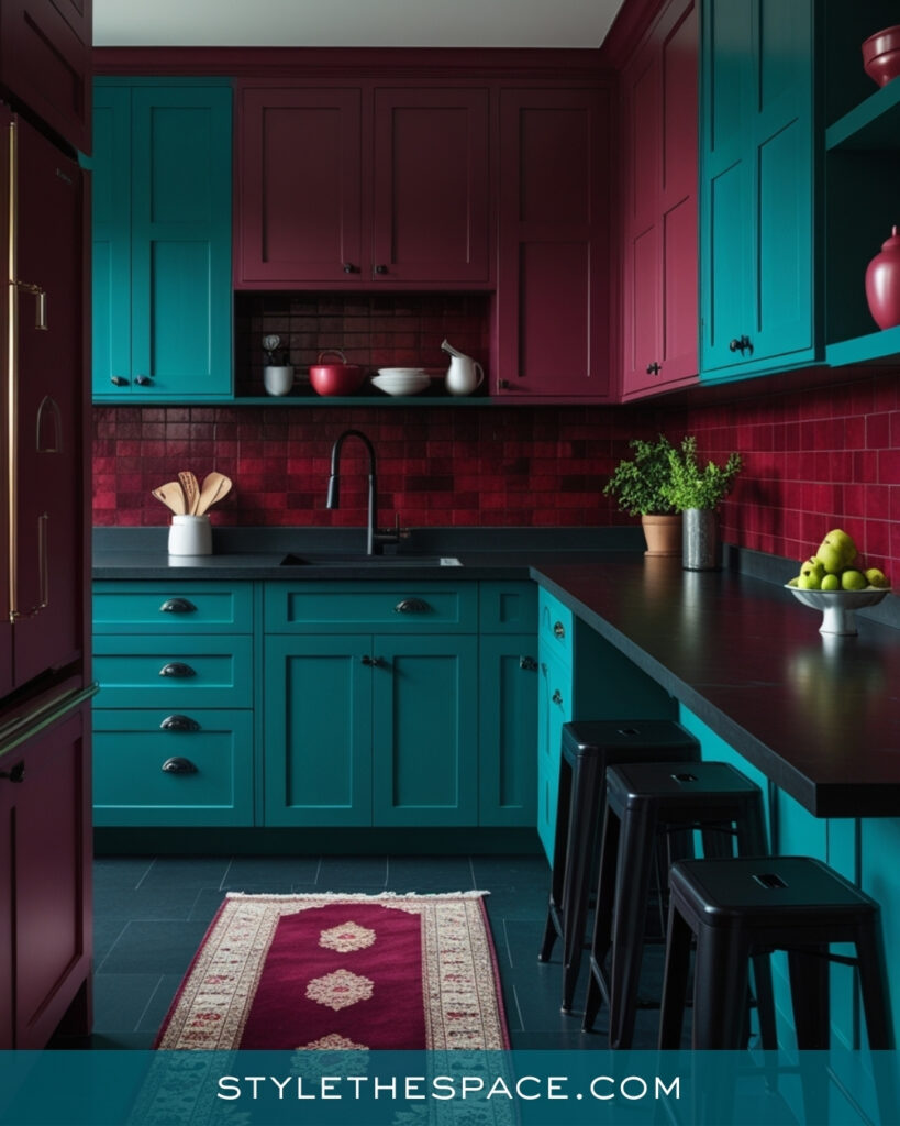 Teal Kitchen with Burgundy Cabinets and Moody Elegance