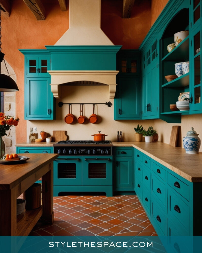 Teal Kitchen with Rustic Warmth and Mediterranean Influence