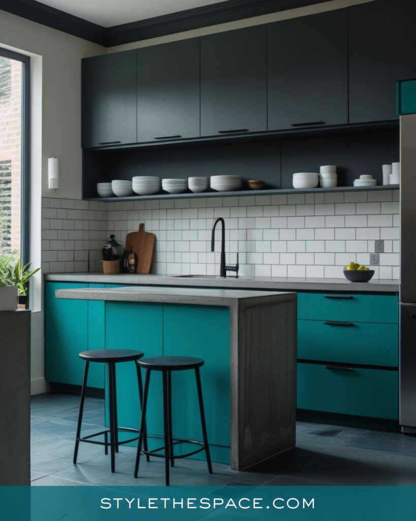 Modern Teal Kitchen with Charcoal Upper Cabinets