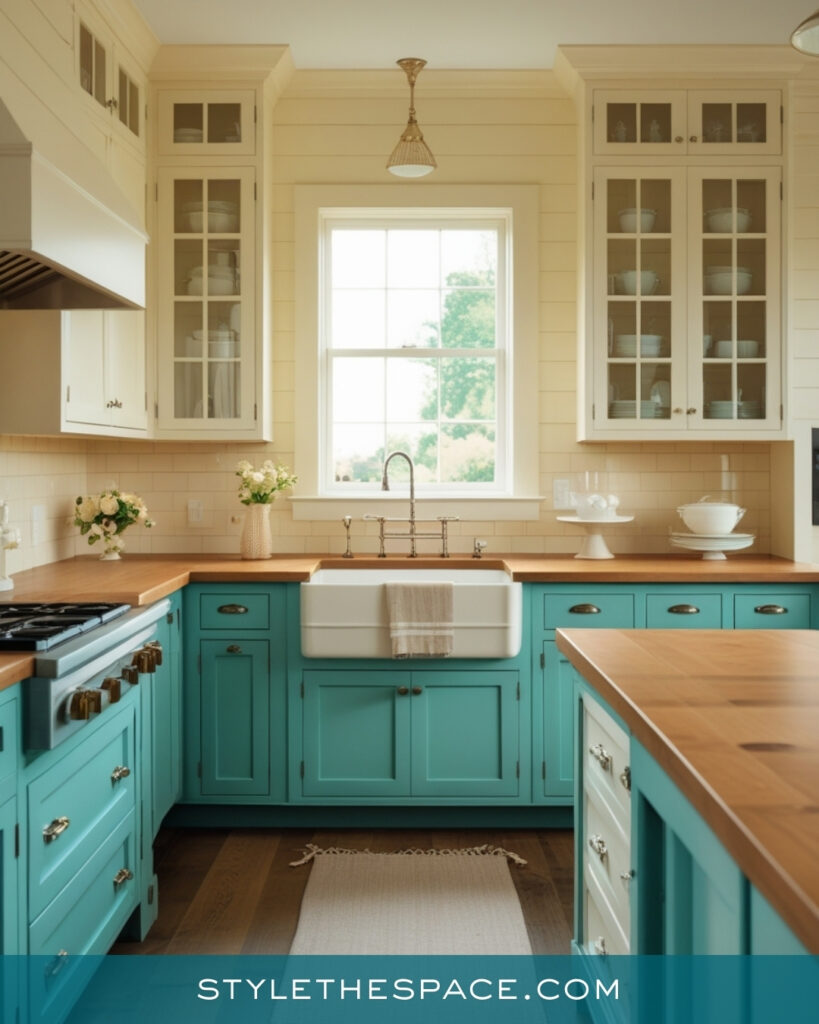 Teal Kitchen with Warm Wood and Classic Farmhouse Charm