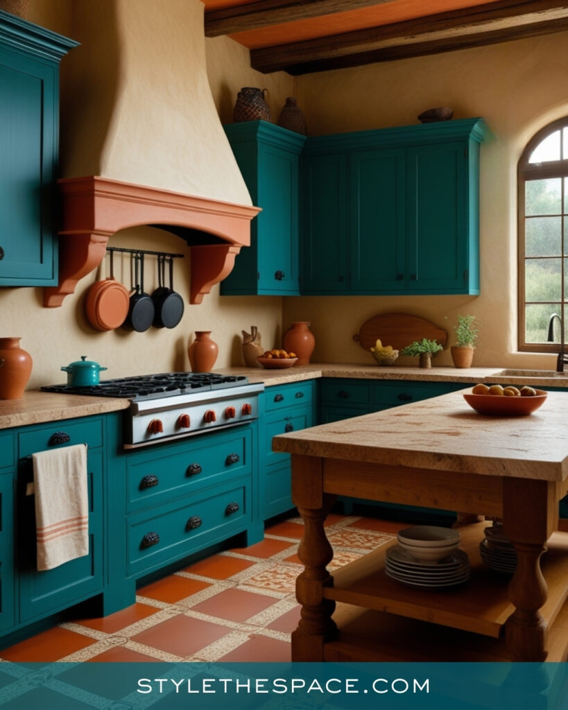 Teal Kitchen with Warm Terracotta and Old-World Style