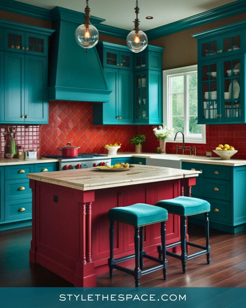 Bold Teal Kitchen with Red Island and Classic Details