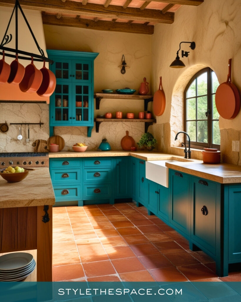 Rustic Teal Kitchen with Terracotta and Warm Neutrals