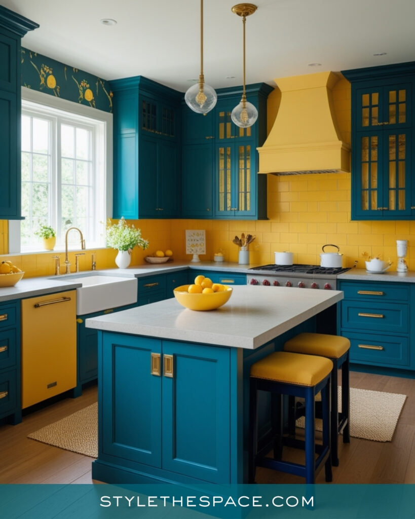 Teal Kitchen with Yellow Accents and Classic Charm