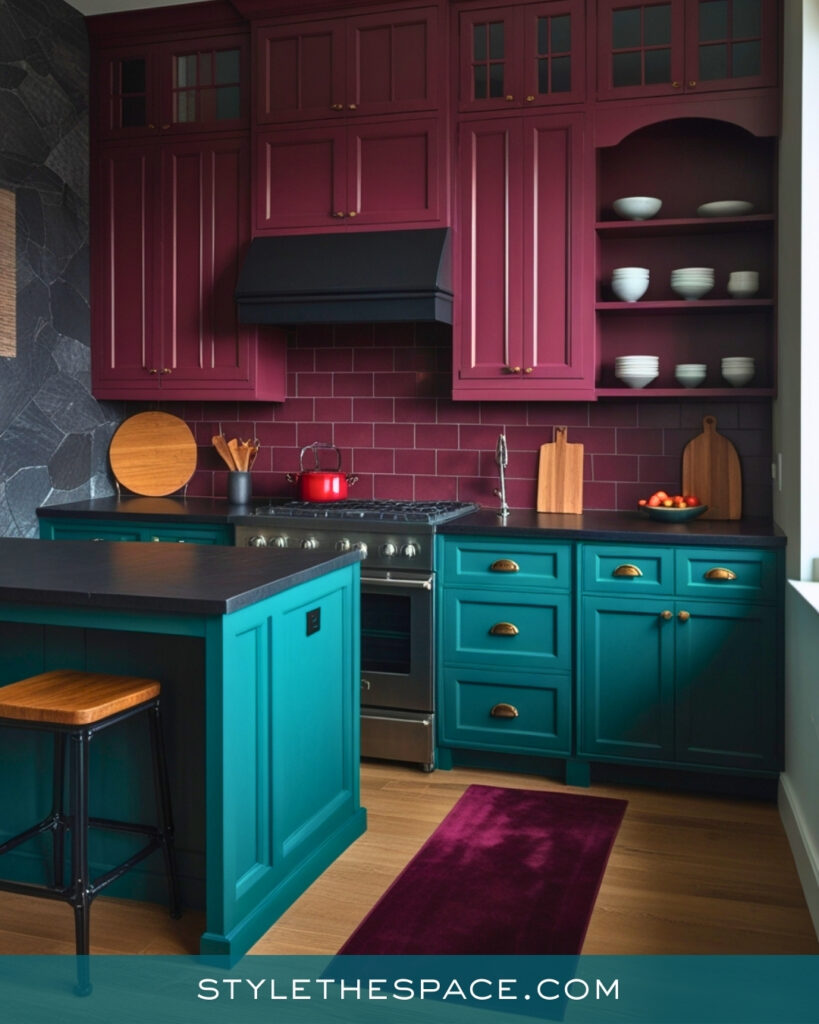 Teal Kitchen with Burgundy Cabinets and Rich Contrast