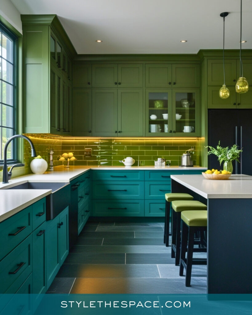 Teal Kitchen with Green Layers and Modern Balance