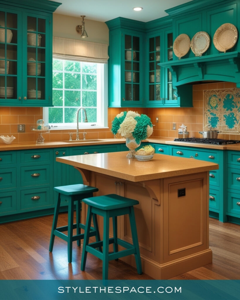 Teal Kitchen with Warm Orange Tiles and Classic Details