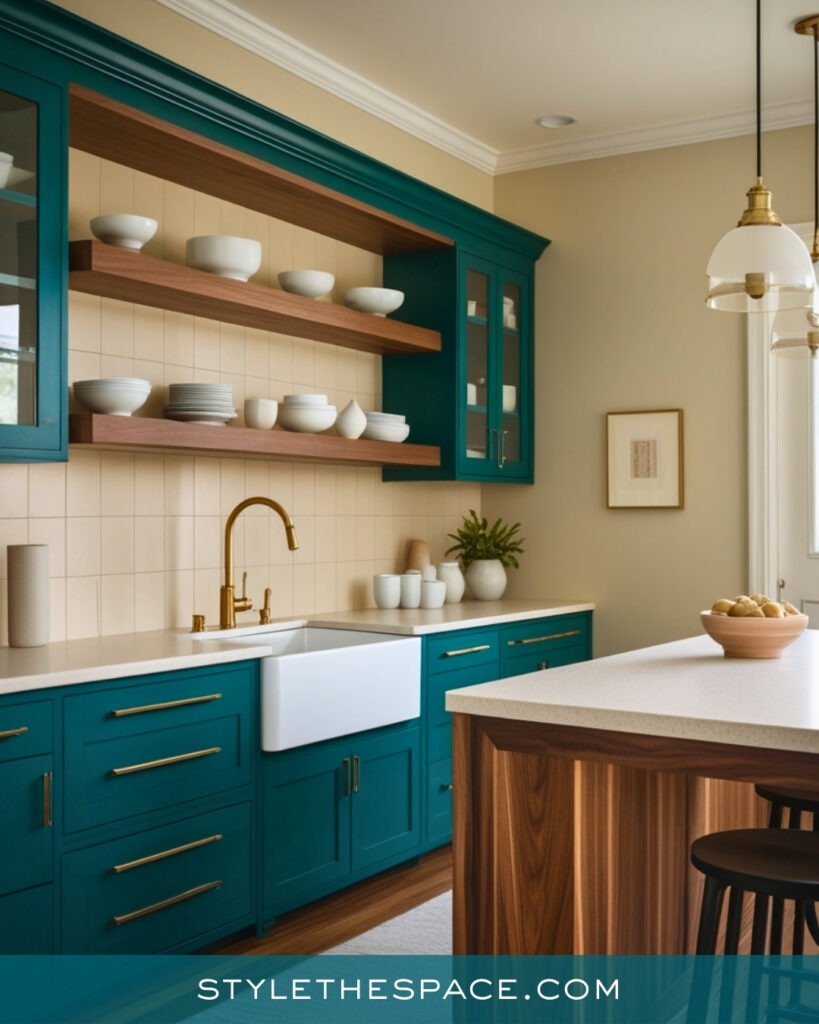 Teal Kitchen with Warm Wood Accents