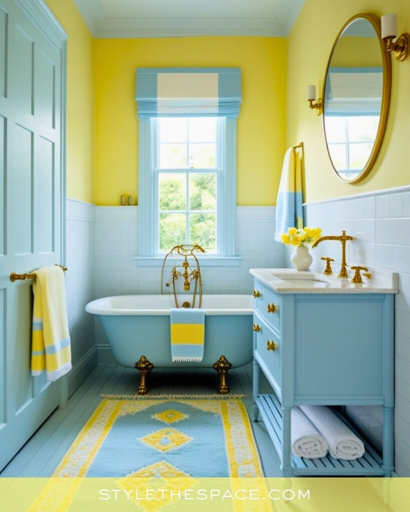Soft Yellow Bathroom With Pastel Blue Accents