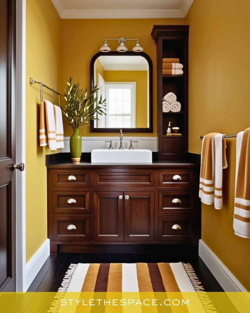 Warm Yellow Bathroom With Rich Wood Cabinetry
