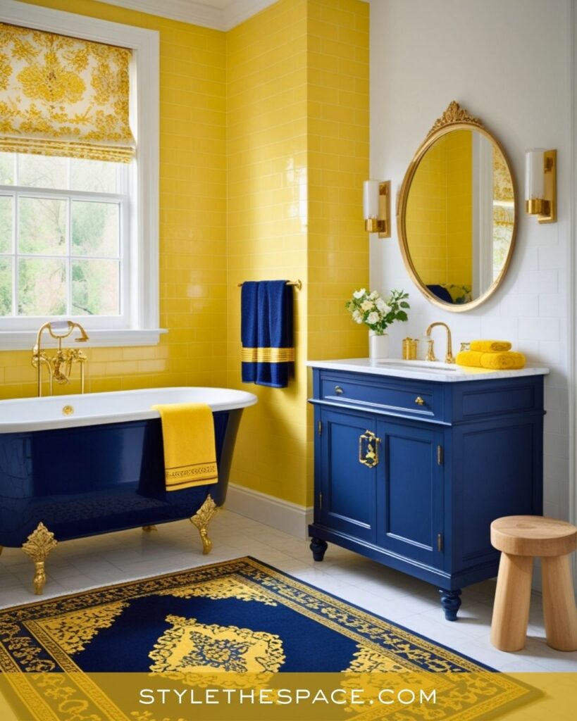 Elegant Yellow Bathroom With Deep Navy Accents