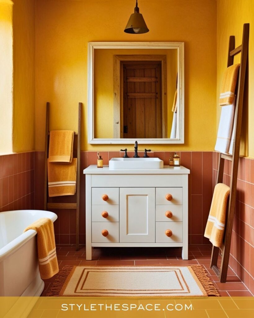 Warm Yellow Bathroom With Terracotta Tile Accents