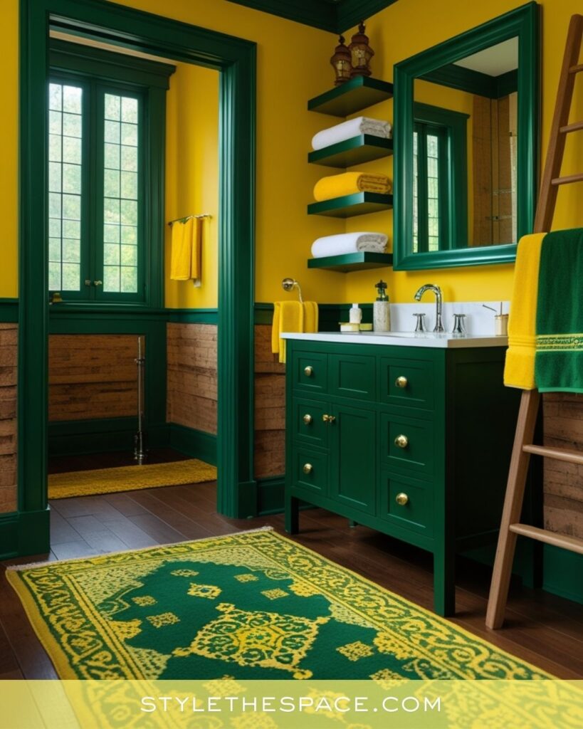 Vibrant Yellow Bathroom With Rich Emerald Green Accents