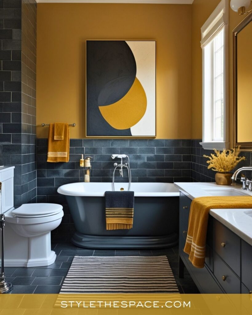 Moody Yellow Bathroom With Charcoal Tile and Gold Accents