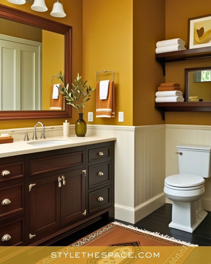 Cozy Yellow Bathroom With Deep Wood Accents