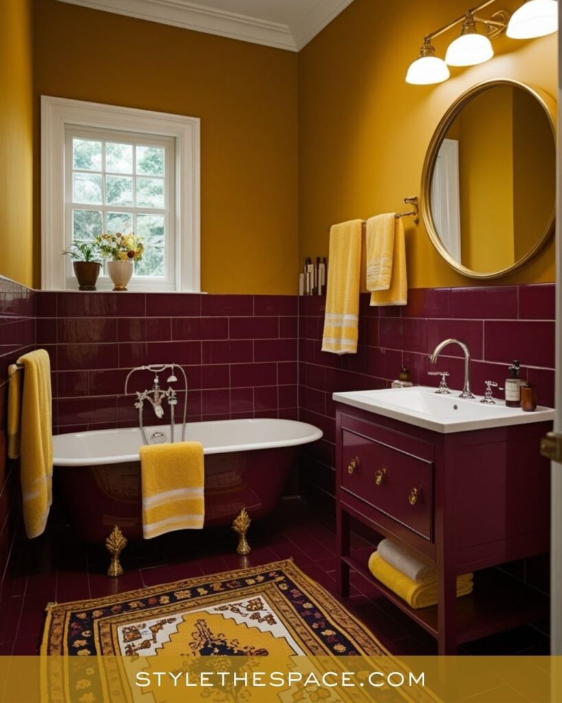 Bold Yellow Bathroom With Deep Burgundy Tile