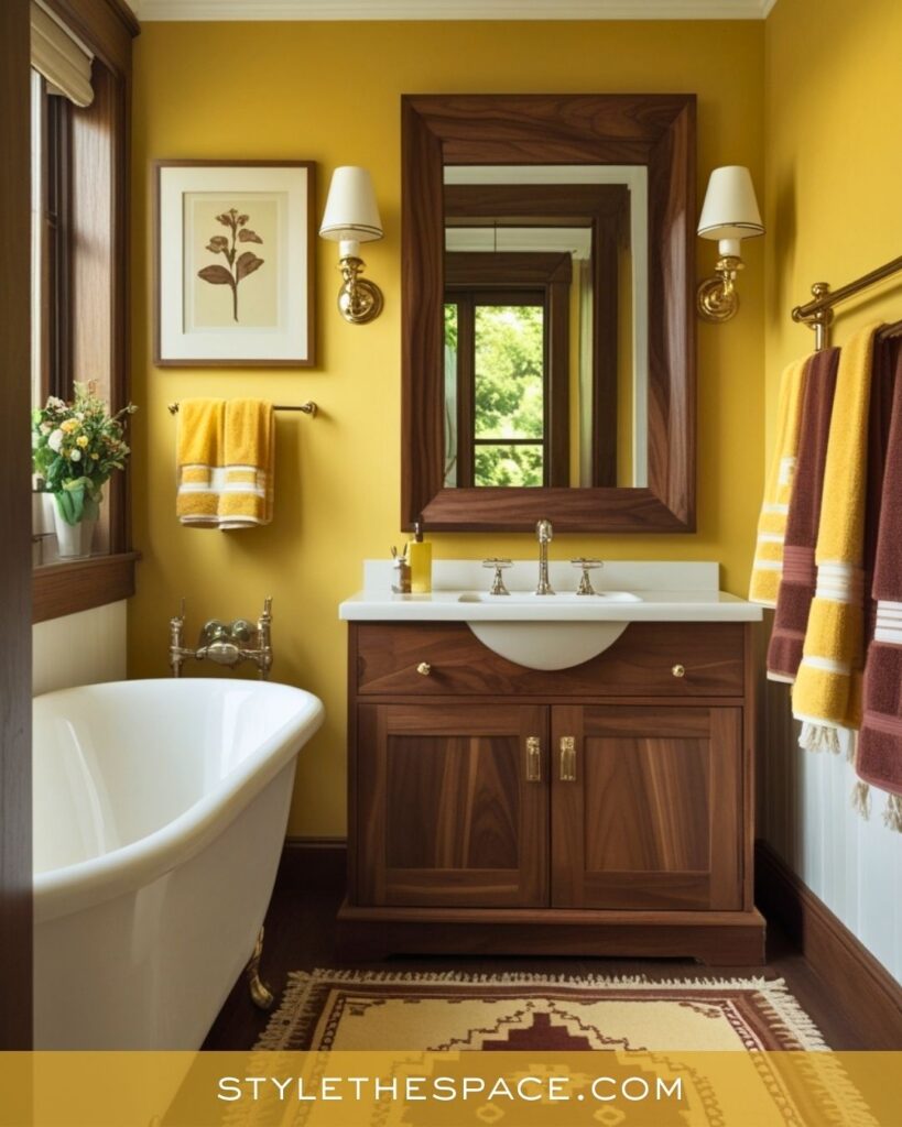 Warm Yellow Bathroom With Natural Wood Details