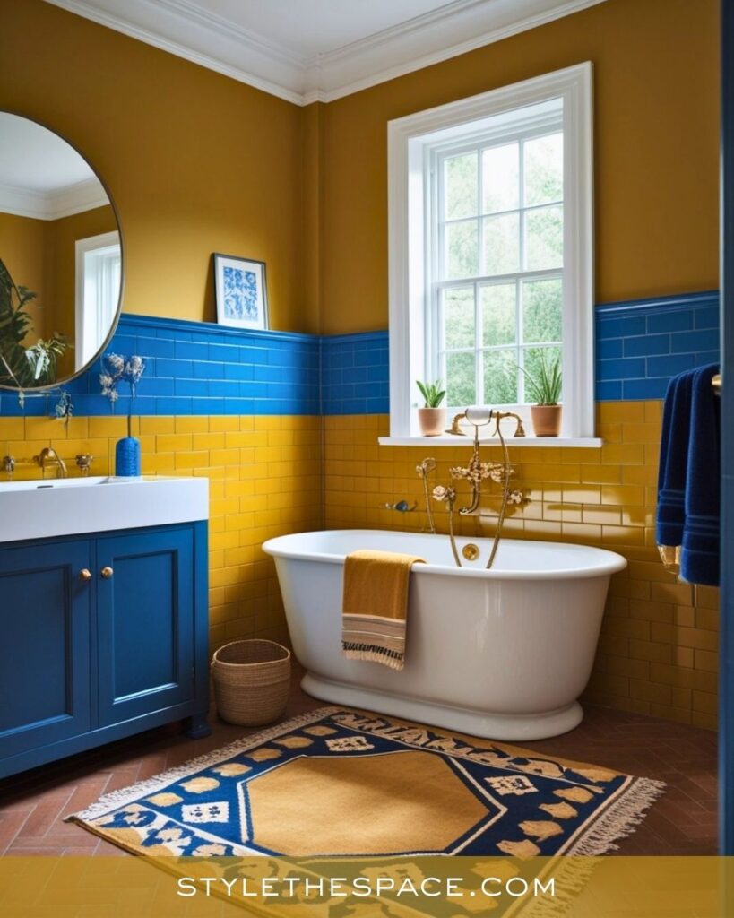 Two-Tone Yellow Bathroom With Bold Blue Tile Accents