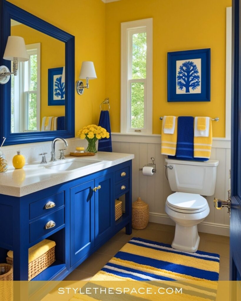 Vibrant Yellow Bathroom With Bold Blue Accents