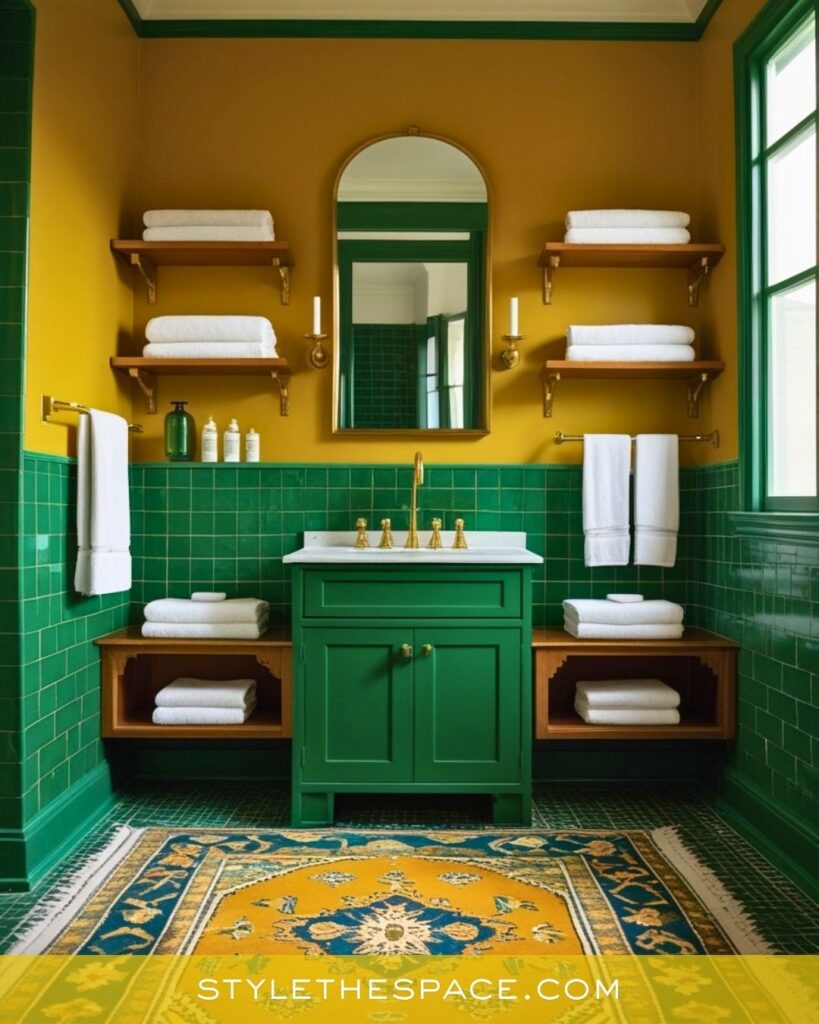 Rich Yellow Bathroom With Deep Green Accents