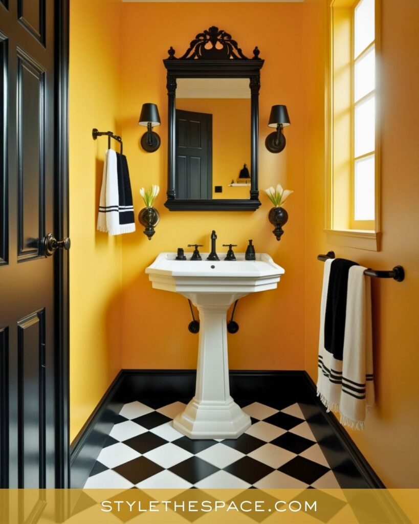 Bold Yellow Bathroom With Classic Black Accents