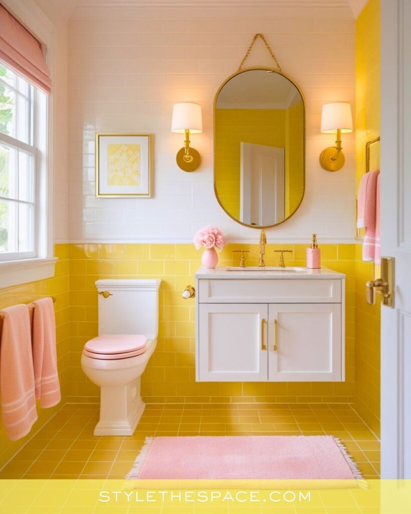 Playful Yellow Bathroom With Soft Pink Accents
