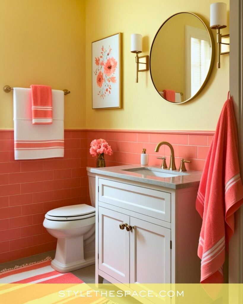 Cheerful Yellow Bathroom With Coral Tile Accents