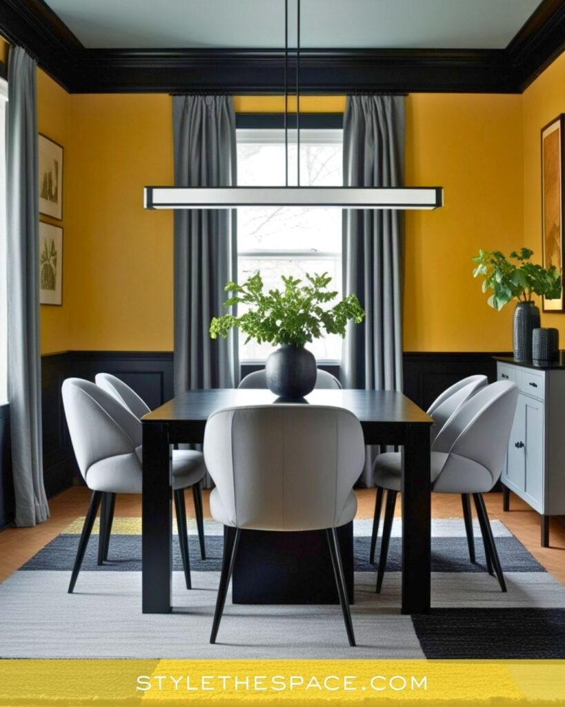 Modern Yellow Dining Room with Black Trim and Soft Neutrals