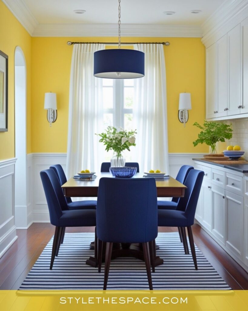 Classic Yellow Dining Room with Crisp Navy and White Accents