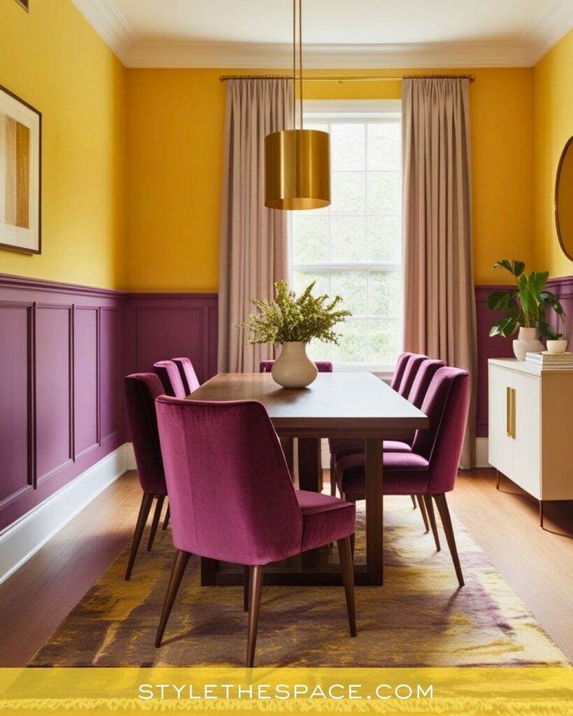 Yellow Dining Room with Stylish Plum Accents