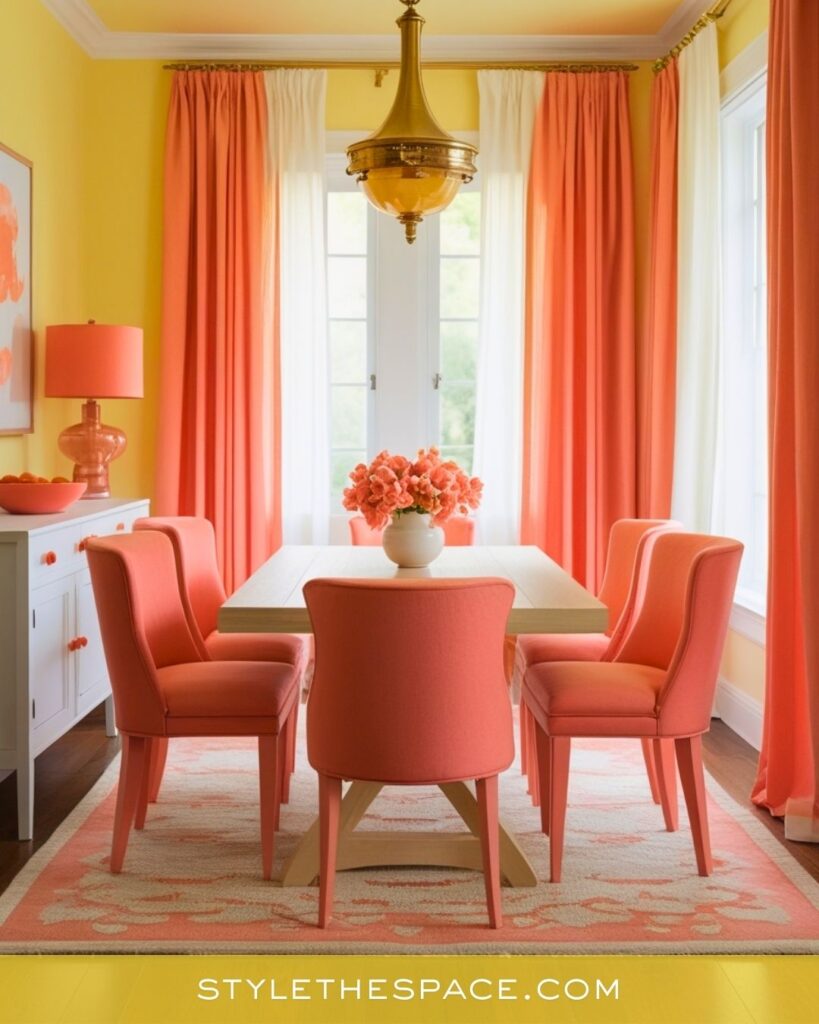 Bright Yellow Dining Room with Coral Accents
