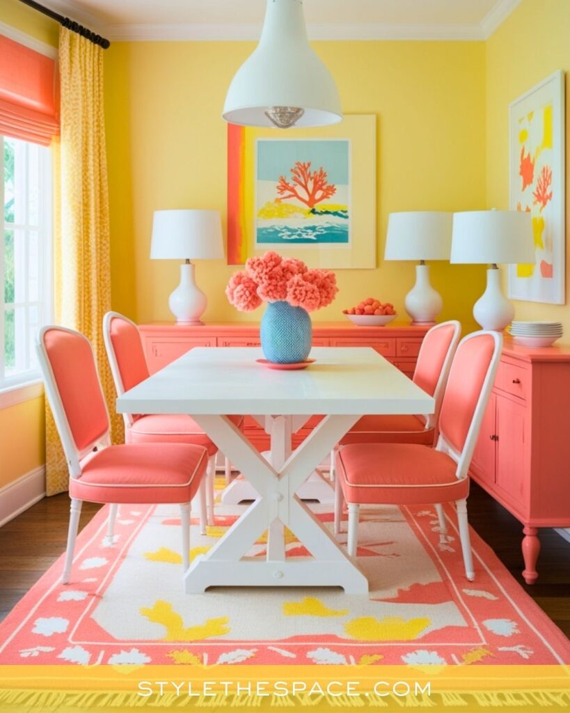 Playful Yellow Dining Room with Coral and White Accents