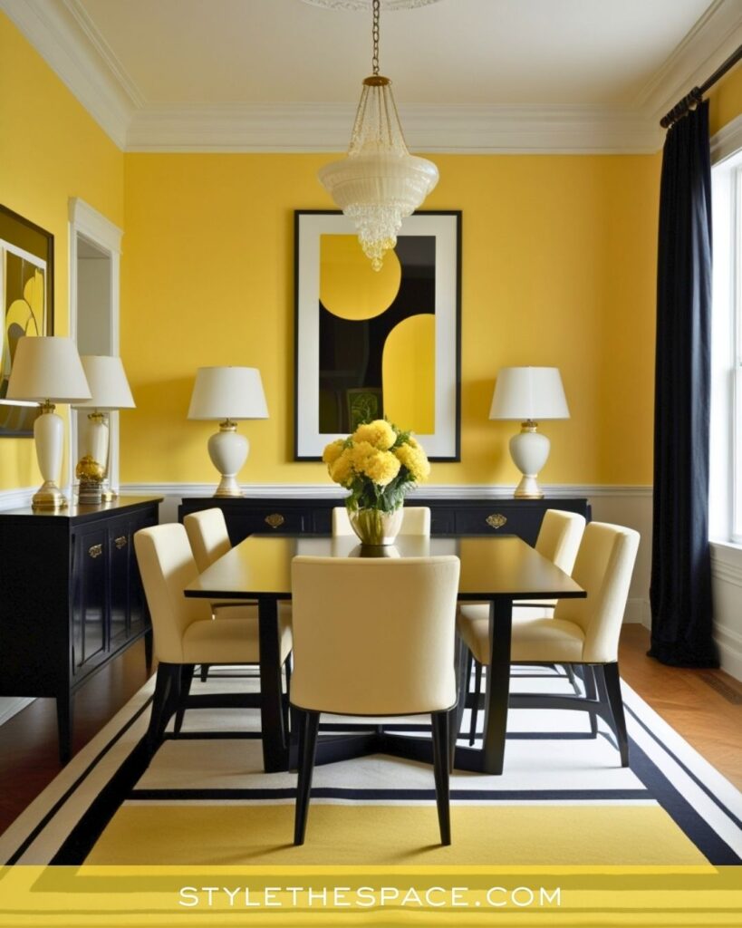 Bold Yellow Dining Room with Black and Cream Contrast