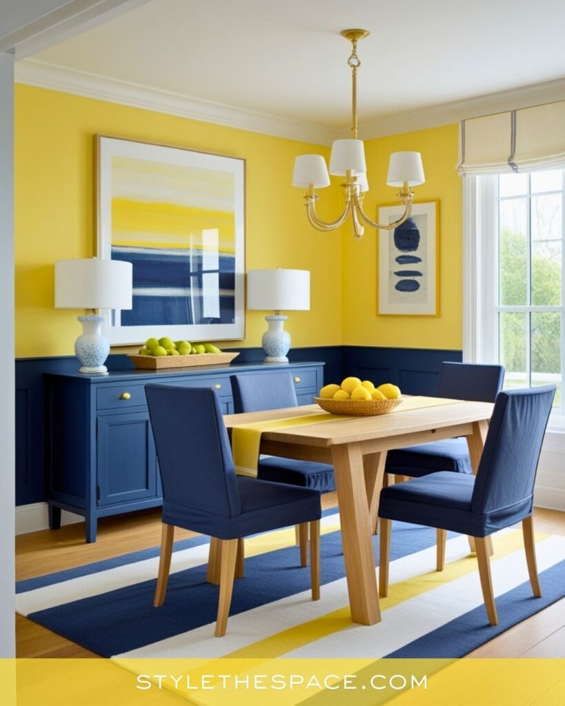 Cheerful Yellow Dining Room with Navy Accents