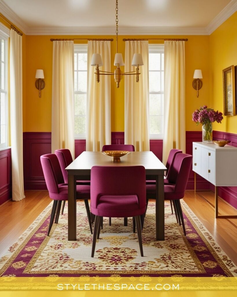 Elegant Yellow Dining Room with Rich Burgundy Accents
