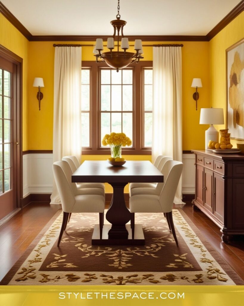 Warm Yellow Dining Room with Classic Brown Accents