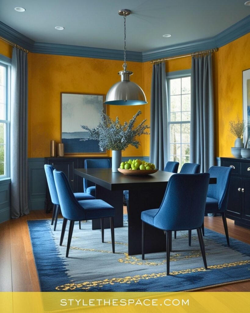 Bold Yellow Dining Room with Deep Blue Modern Styling