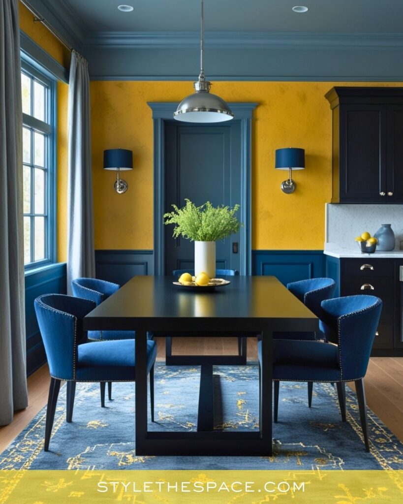 Bold Yellow Dining Room with Deep Blue Accents