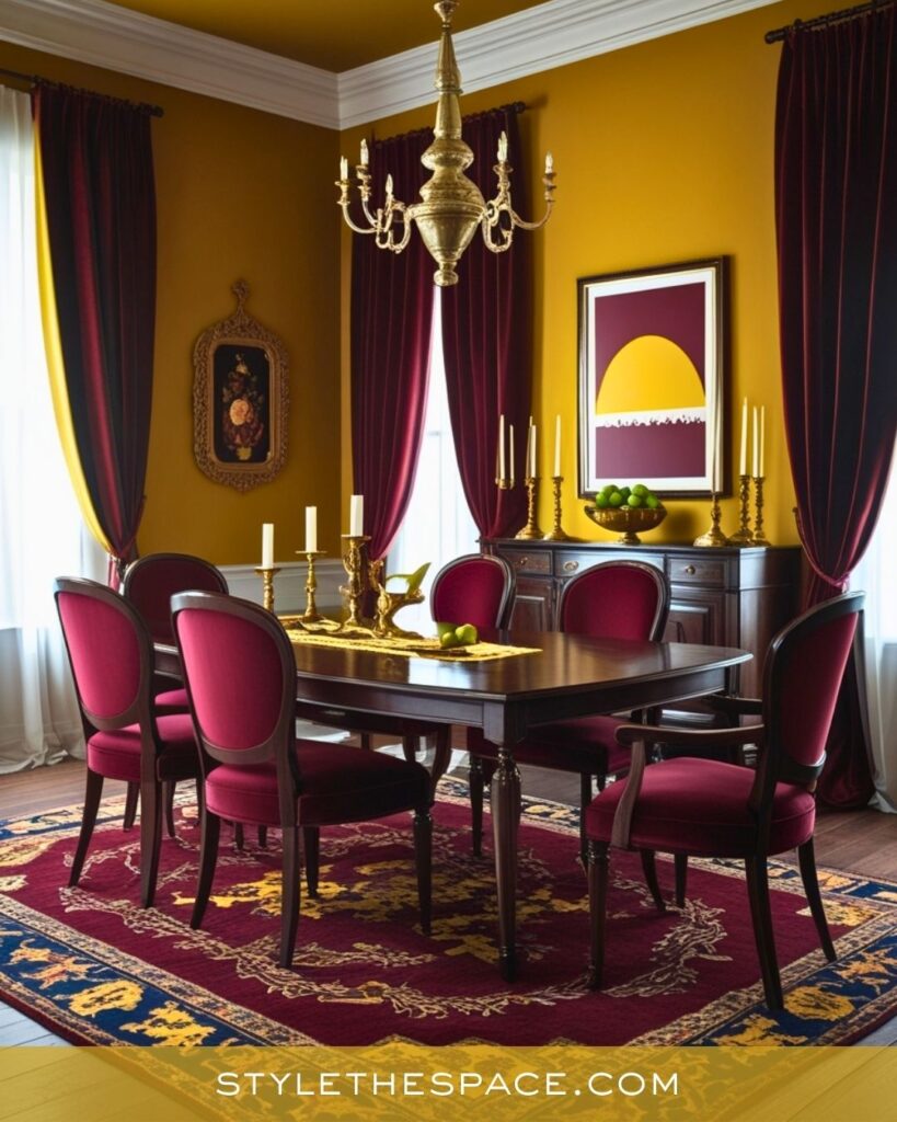 Luxurious Yellow Dining Room with Rich Burgundy and Gold Accents