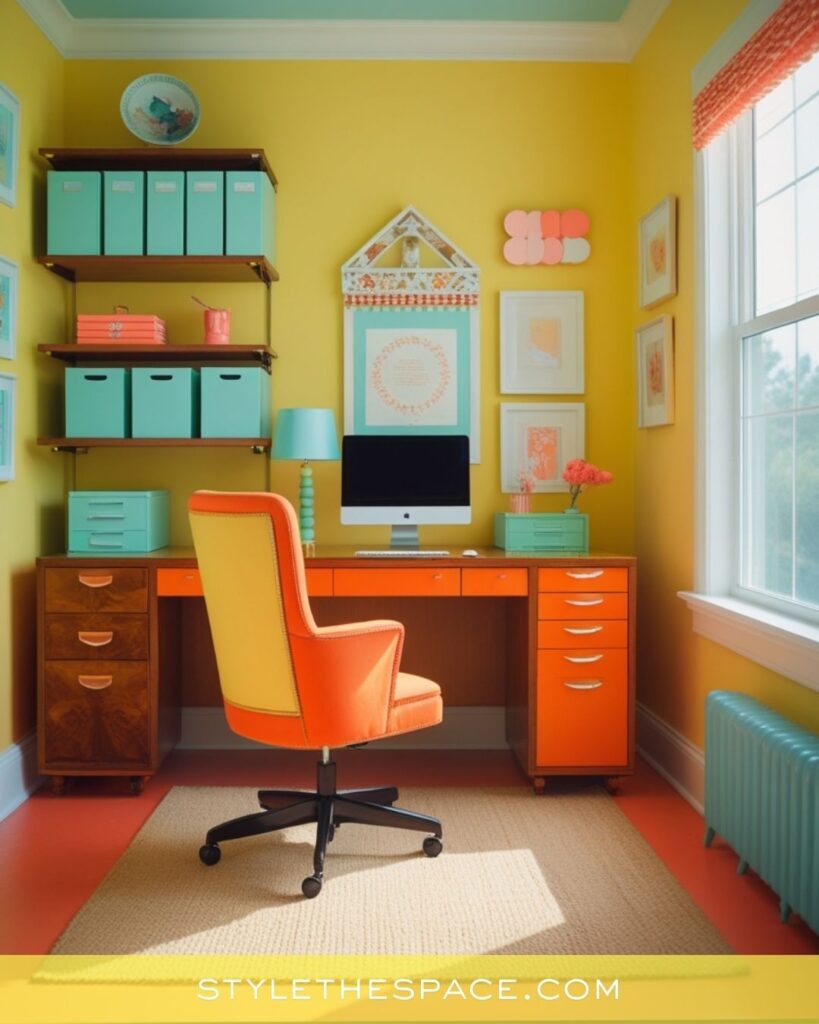 Bright Yellow Home Office with Playful Retro Color Blocking