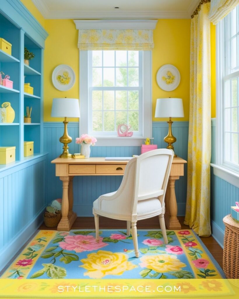 Cheerful Yellow Home Office with Sky Blue Built-Ins and Floral Details